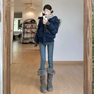 复古蓝高腰弹力小脚牛仔裤女2025秋冬新款加绒紧身显瘦双扣铅笔裤