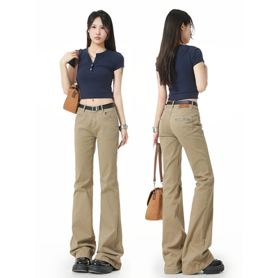 卡其色美式低腰微喇牛仔裤女