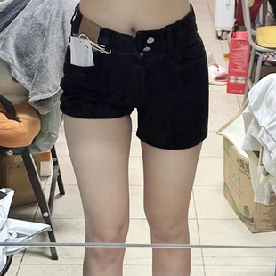 黑色牛仔热辣短裤 女夏季 高腰胖mm大码 显瘦小个子弹力遮胯a字热裤