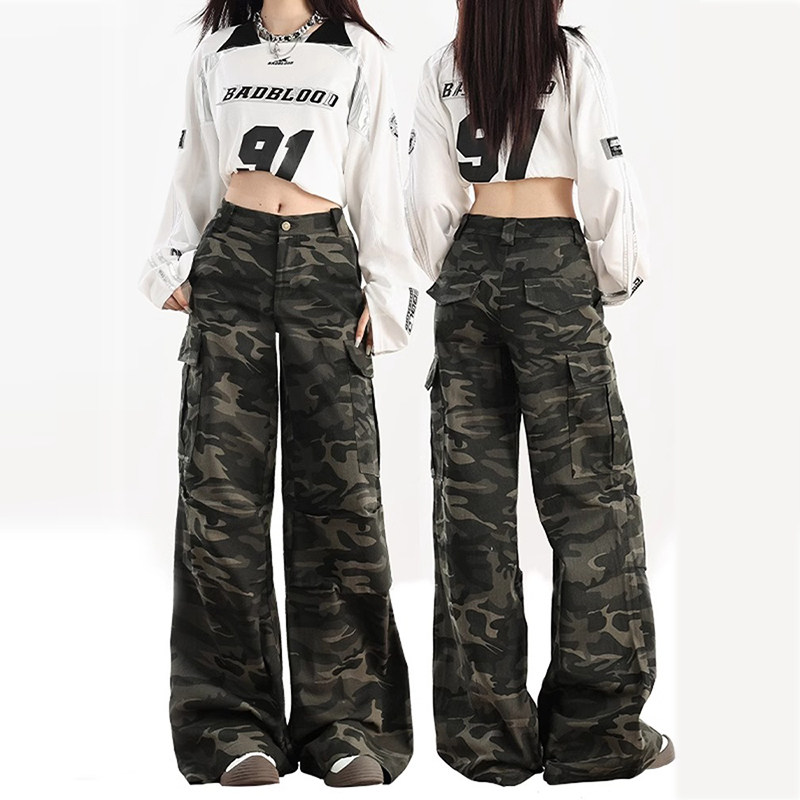 美式迷彩工装微喇牛仔裤女夏