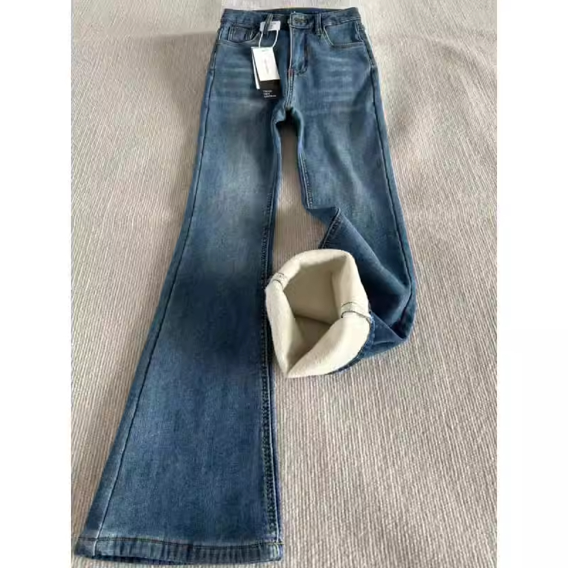 加绒加厚复古蓝微喇牛仔裤女