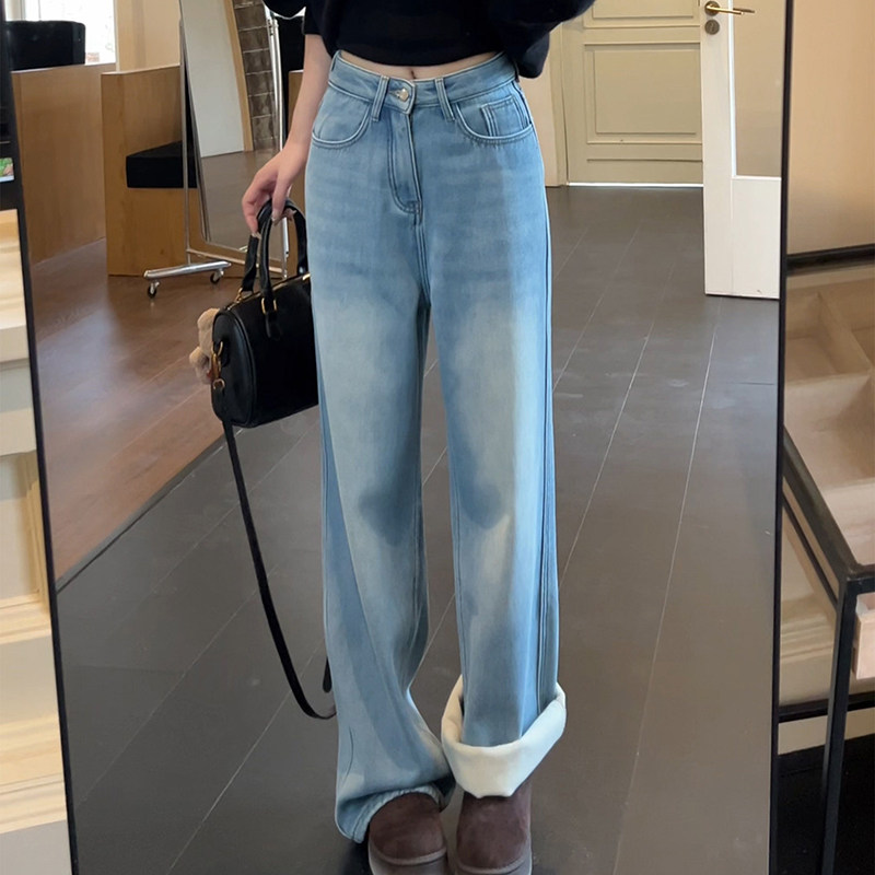 高腰加绒加厚阔腿牛仔裤女2026新款春季宽松设计感直筒拖地长裤子,女装/女士精品,牛仔裤,淘宝优惠券,粉丝福利购,淘宝优惠卷