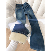 女冬季 2025新款 小个子高腰加厚保暖时尚 加绒微喇牛仔裤 马蹄喇叭裤