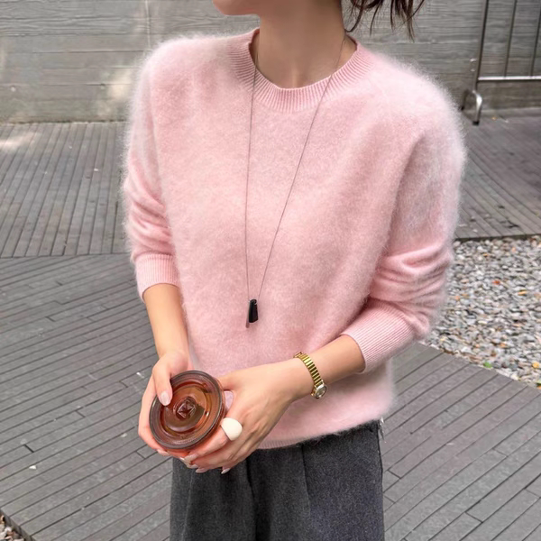 山羊绒拉毛毛衫女式2025秋冬新款宽松加厚显瘦针织衫圆领套头上衣