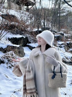 小白熊仿水貂绒皮草女中长款 秋冬毛毛外套翻领宽松皮毛一体绒大衣