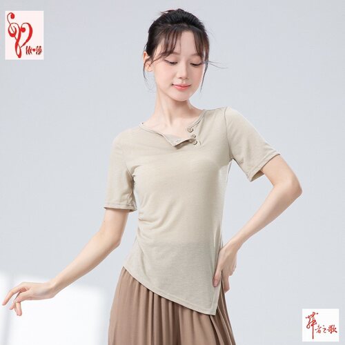 开侧领纽扣棉麻短袖修身休闲上衣