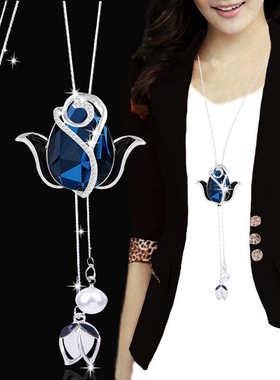 韩版秋冬蓝玫瑰毛衣链轻奢高级感百搭个性潮流毛衣链长款项链饰品