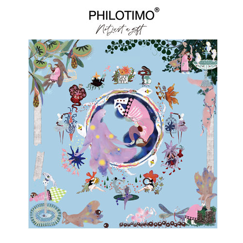 【新品】PHILOTIMO 小意达的花钟 桑蚕丝 方巾 （蓝