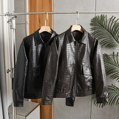 仿鳄鱼皮！高级感十足！秋季男士压花纯色复古翻领PU皮皮衣夹克潮
