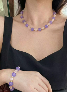 春季新款天然粉晶紫罗兰色手链女薰衣草紫手工女配饰串珠项链