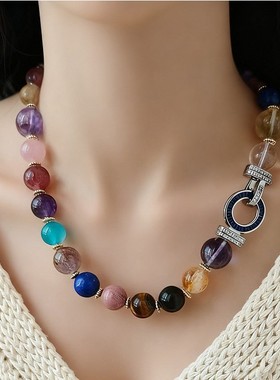 秋冬新款小众设计天然多宝水晶彩色项链水晶百搭珠宝扣锁骨毛衣链