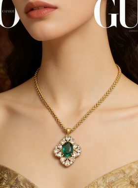 新款意大利祖母绿锆石耳环项链中古高级轻奢女长款百搭毛衣链吊坠