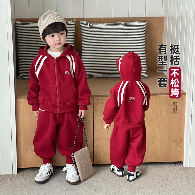 男童秋装2025新款儿童套装春秋男孩运动服小少爷红色连帽两件套潮