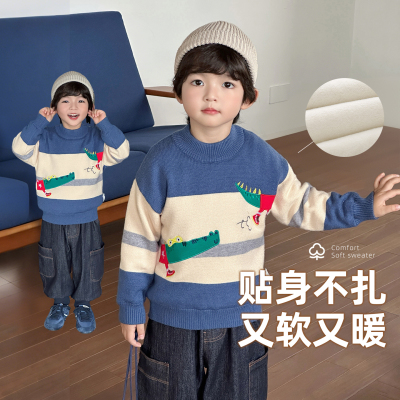 男童加绒毛衣秋冬儿童冬季加厚针织衫2025新款男孩半高领线衣圆领