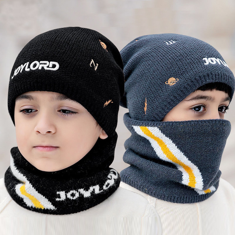 남자 겨울 모자 플러스 벨벳 스카프 모자 세트 큰 어린이 귀 보호 방한 두꺼운 양모 풀오버 니트 모자