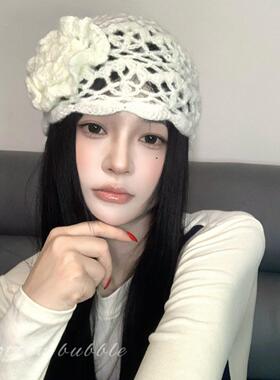 韩系复古包头针织帽 显脸小花朵套头帽 手工编织大头围百搭帽子
