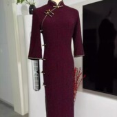 高档气质新中式 八扣长款 中国风旗袍 七分袖 绛纱金韵