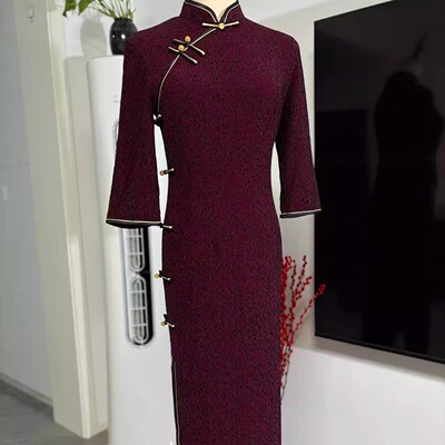 绛纱金韵七分袖八扣长款旗袍