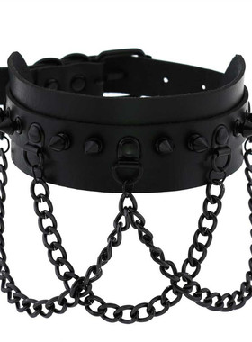 黑暗夸张PU皮铆钉街拍黑色项链