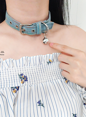 铃铛牛仔布彩虹缝线项圈