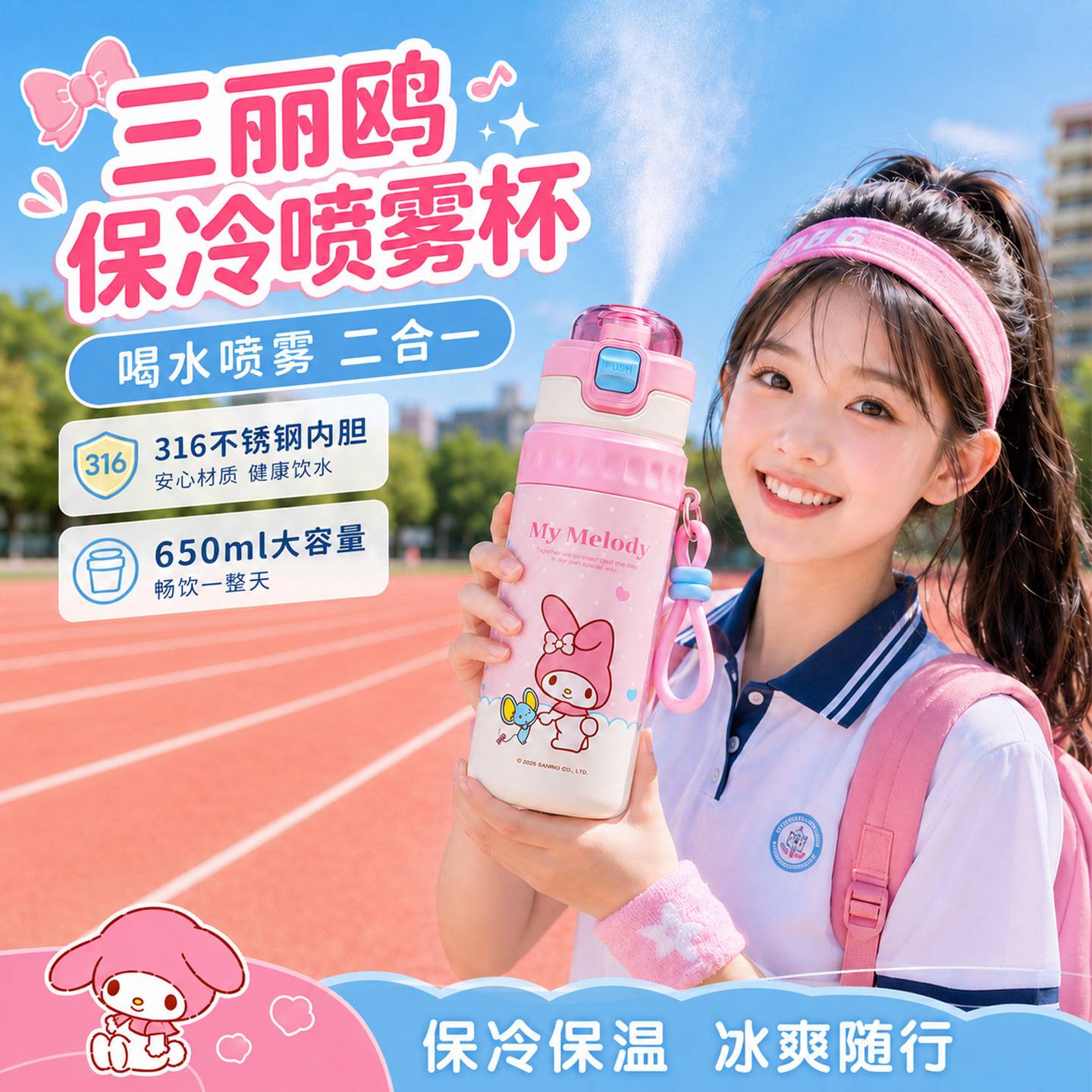 三丽鸥美乐蒂保温杯儿童保冷喷雾水杯650ml上学专用便携可爱女孩