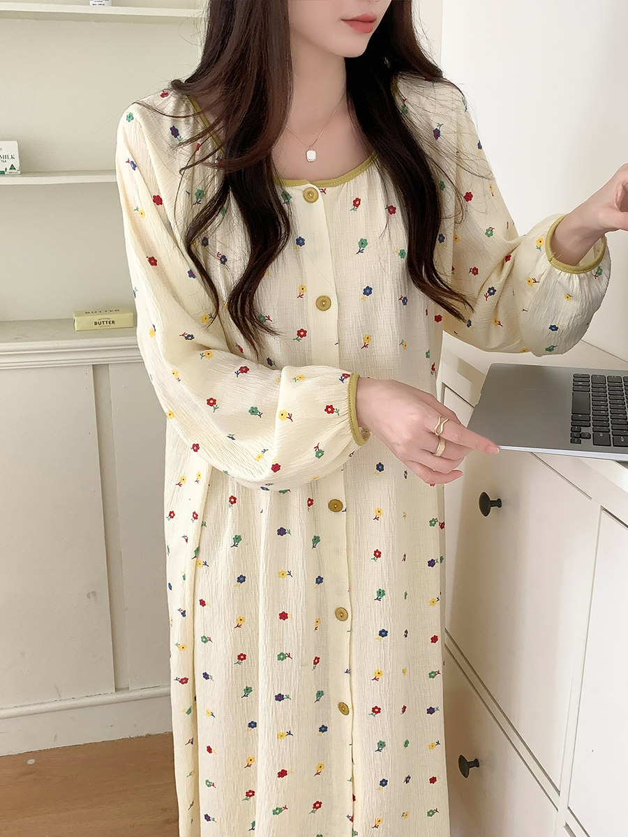 여성용 잠옷 봄 가을 순면 스위트 목가적 스타일 대형 가디건 중간 기장 잠옷 원피스 임산부 홈웨어