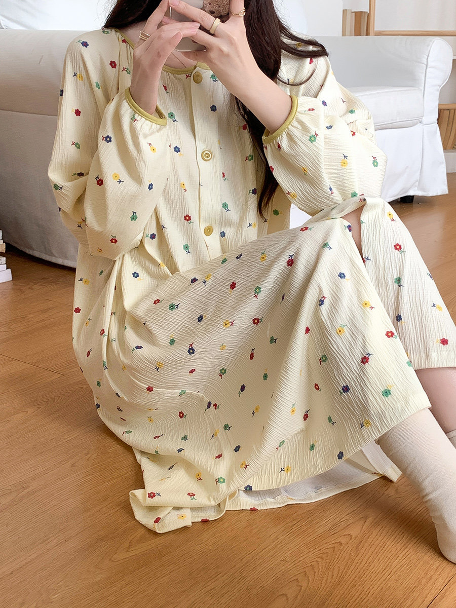 여성용 잠옷 봄 가을 순면 스위트 목가적 스타일 대형 가디건 중간 기장 잠옷 원피스 임산부 홈웨어