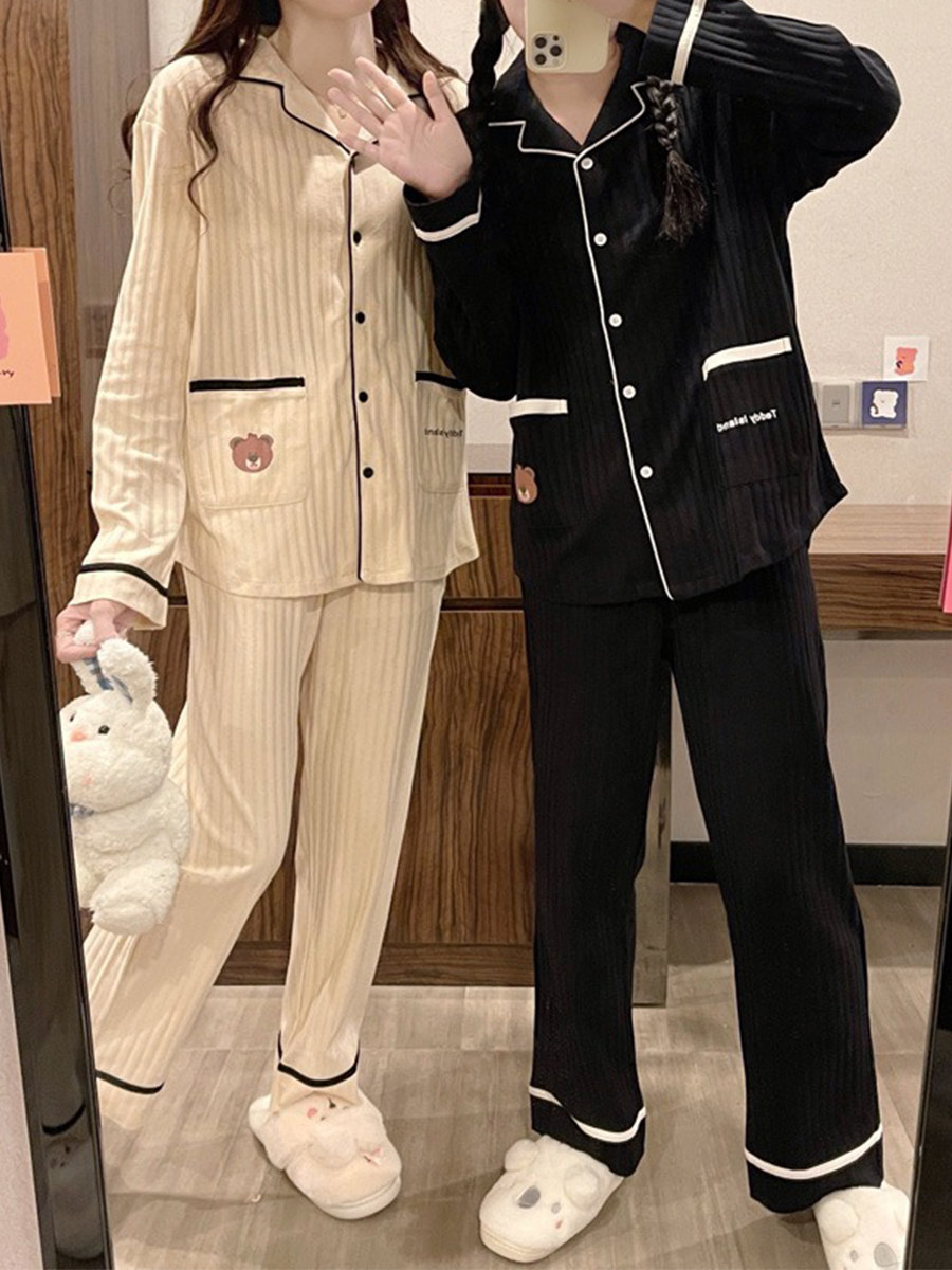 여성용 순면 커플 잠옷 봄 가을 얇은 대형 남성 정장 긴팔 바지 가을은 집 밖에서 입을 수 있습니다