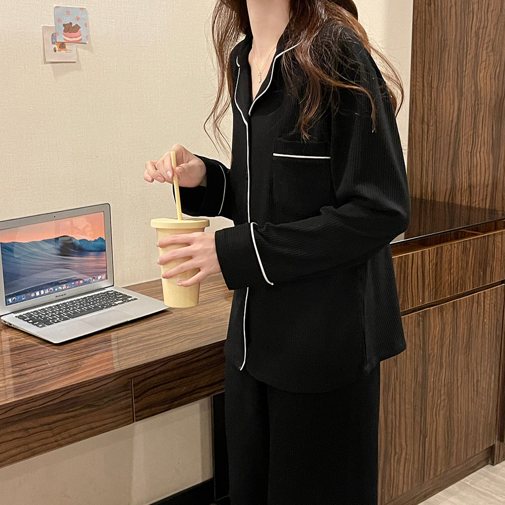 여성용 커플 잠옷 봄 가을 순면 긴팔 바지 인터넷 연예인 스타일 큰 사이즈 남성용 홈웨어 검은색 얇은 양복