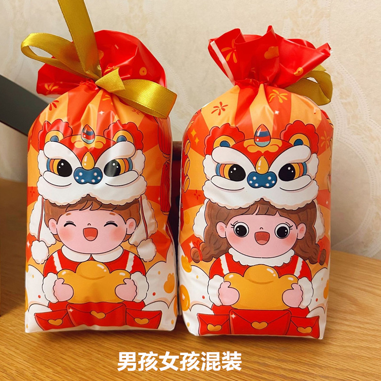 50个一包/龙年男孩女孩礼品包装袋丝带束带包装抽绳袋新年喜庆红