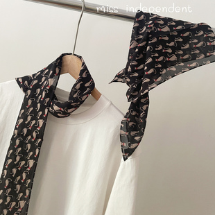 独立家 黑色萌喵印花夏季轻薄真丝雪纺蚕丝巾小方巾长巾围巾领巾