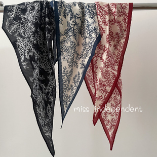 独立家 枝桠成花提花工艺真丝有机棉混纺菱形巾丝巾 绣花边三色入