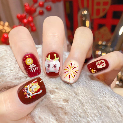 D311假指甲贴片可拆卸穿戴甲立体新年卡通爆款龙手工封层光疗美甲
