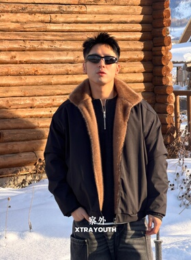 XY【两面穿座山雕】重磅水洗帆布夹克保暖加绒加厚棉服外套翻领