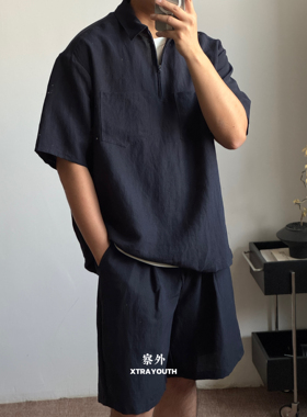 XY 【天丝亚麻polo】天丝亚麻polo短袖半拉链衬衫T恤短裤套装