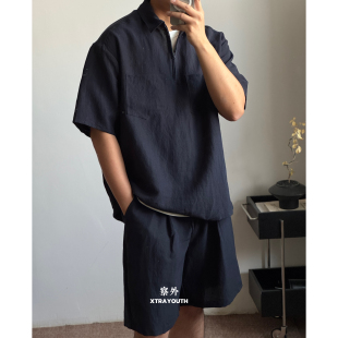 XY 【天丝亚麻polo】天丝亚麻polo短袖半拉链衬衫T恤短裤套装