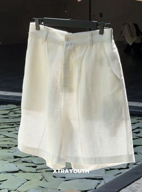 XY察外 【清凉一夏】100亚麻短裤五分裤直筒松紧腰中裤休闲裤简约