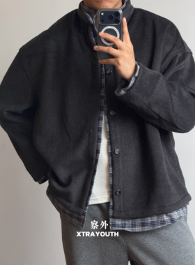 XY格子拼接羊毛呢格子衬衫领假两件外套简约高级感休闲百搭