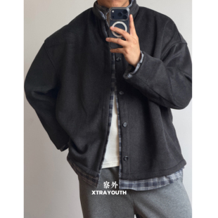 XY格子拼接羊毛呢格子衬衫领假两件外套简约高级感休闲百搭