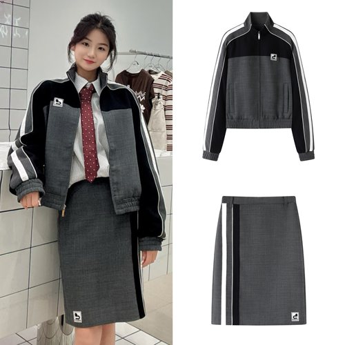 【清仓特价NO退换】复古运动风撞色条纹外套开叉半身裙两件套