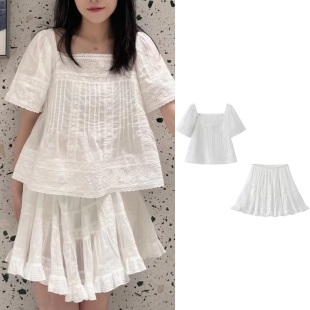 衬衫 拼接镂空花边方领短袖 NO退换 上衣女半身裙套装 清仓特价