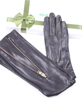 ELMA女士真皮长款手套进口羊皮薄里金属拉链高档晚礼服手套EL043