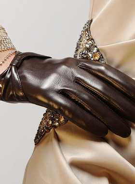 ELMA真皮手套 女士修手薄款羊皮手套 蝴蝶结羊皮触屏手套EL025