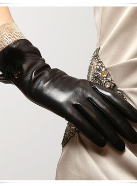 ELMA新款女士真皮手套 水貂毛球 冬季保暖羊绒里羊皮手套EL022NR