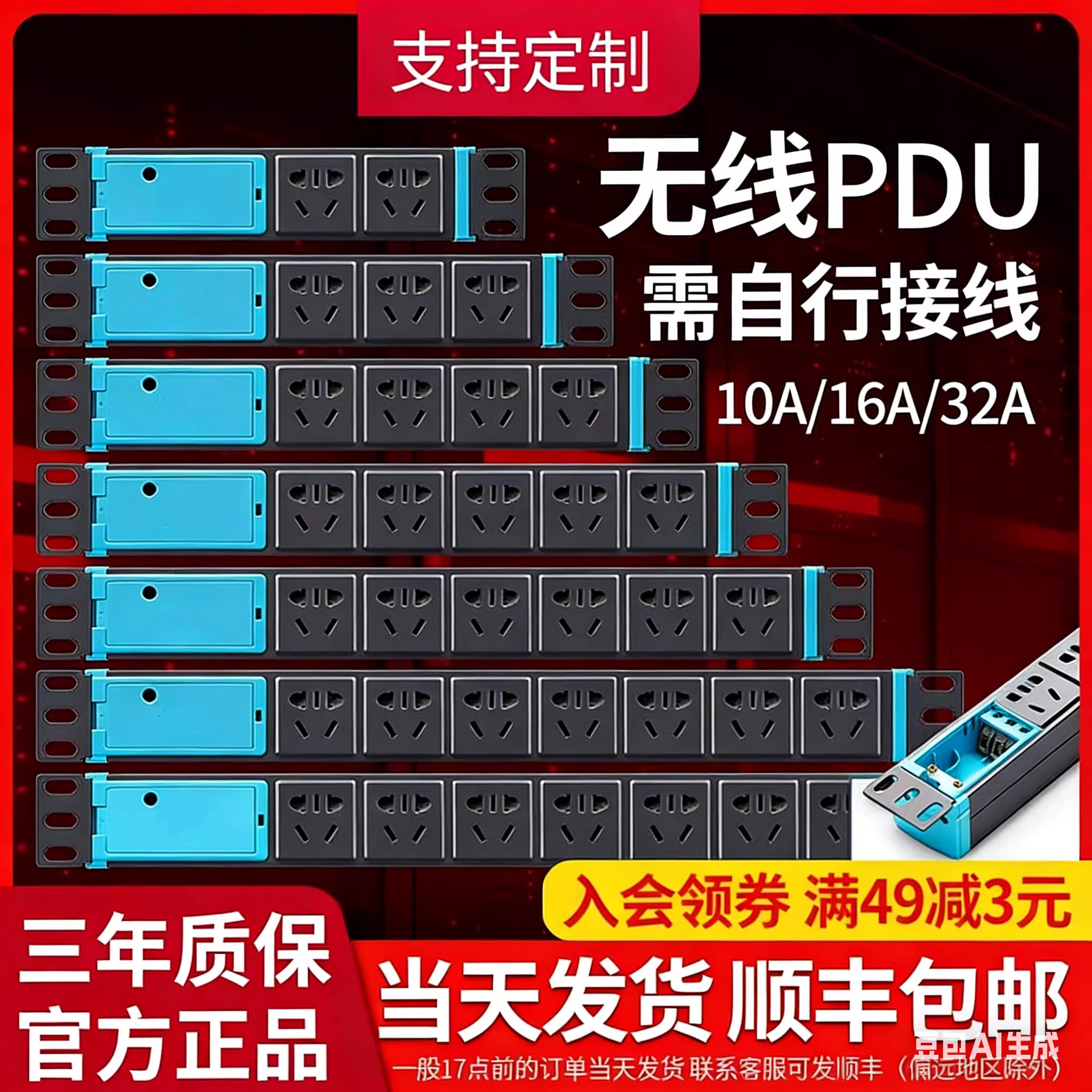 pdu机柜插座34568位铝合金防雷机房电源工业程插排插无线多孔