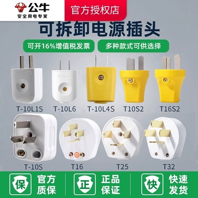 公牛插头两脚三脚二角10A/16A空调2/3家用电源插座三孔插头不带线