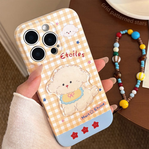 黄色格纹卡通苹果16手机壳iphone17promax适用15立体小狗挂绳13软14