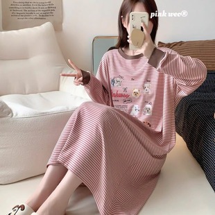 条纹套头收口长袖女宽松大码长袖睡裙纯棉睡衣秋季家居服PINKWEO