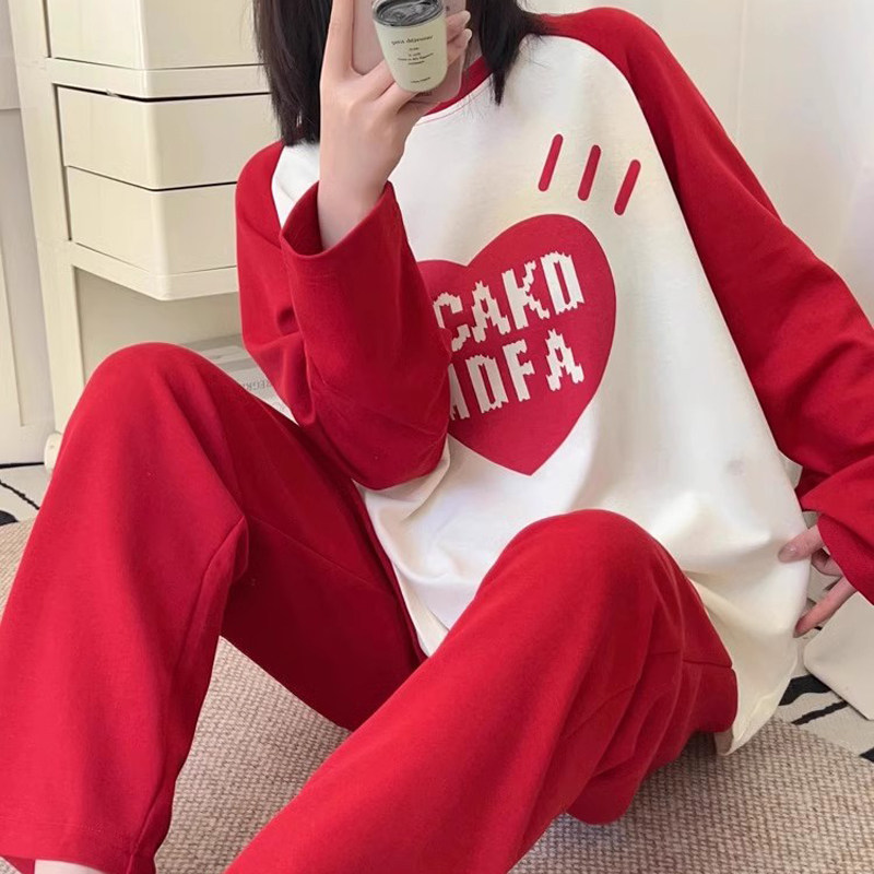 春季新款拼色插肩桃心字母女士长袖长裤休闲睡衣可外穿ins家居服