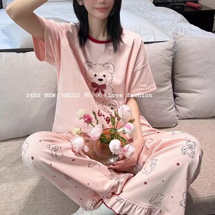 长裤 睡衣短袖 新款 宽松套装 女棉小闲正品 纯棉薄款 甜美小熊花边春季